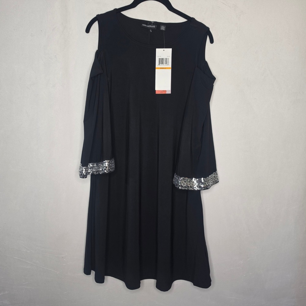 Nina Leonard Black Cold Shoulder Sequin Bell Sleeve A-Line Dress L2613AF Small
